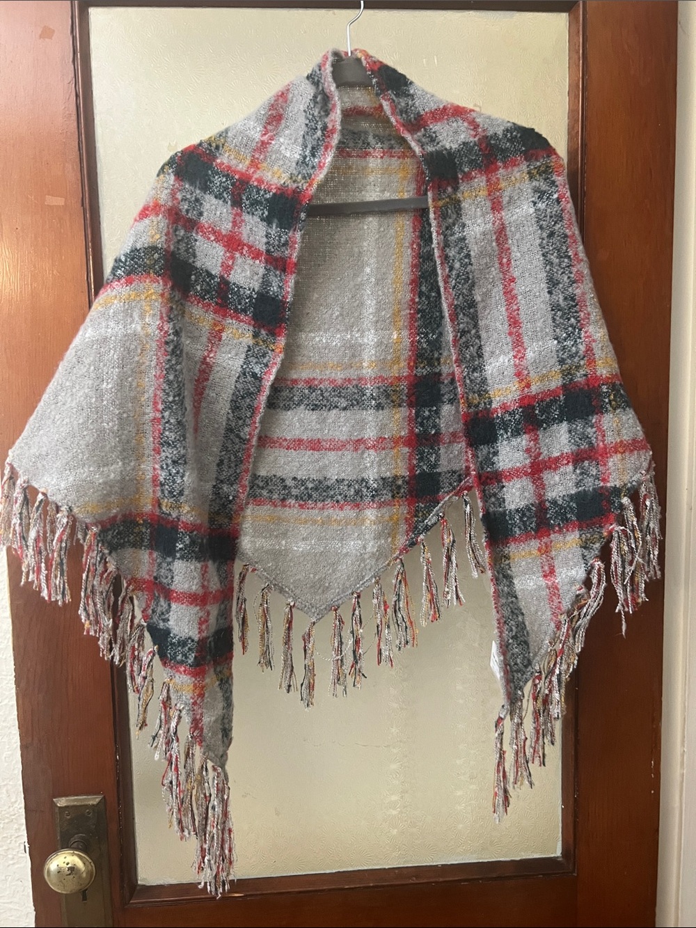 Free People Gray Plaid Fringe Wrap with Red & Yellow Accents. NWT